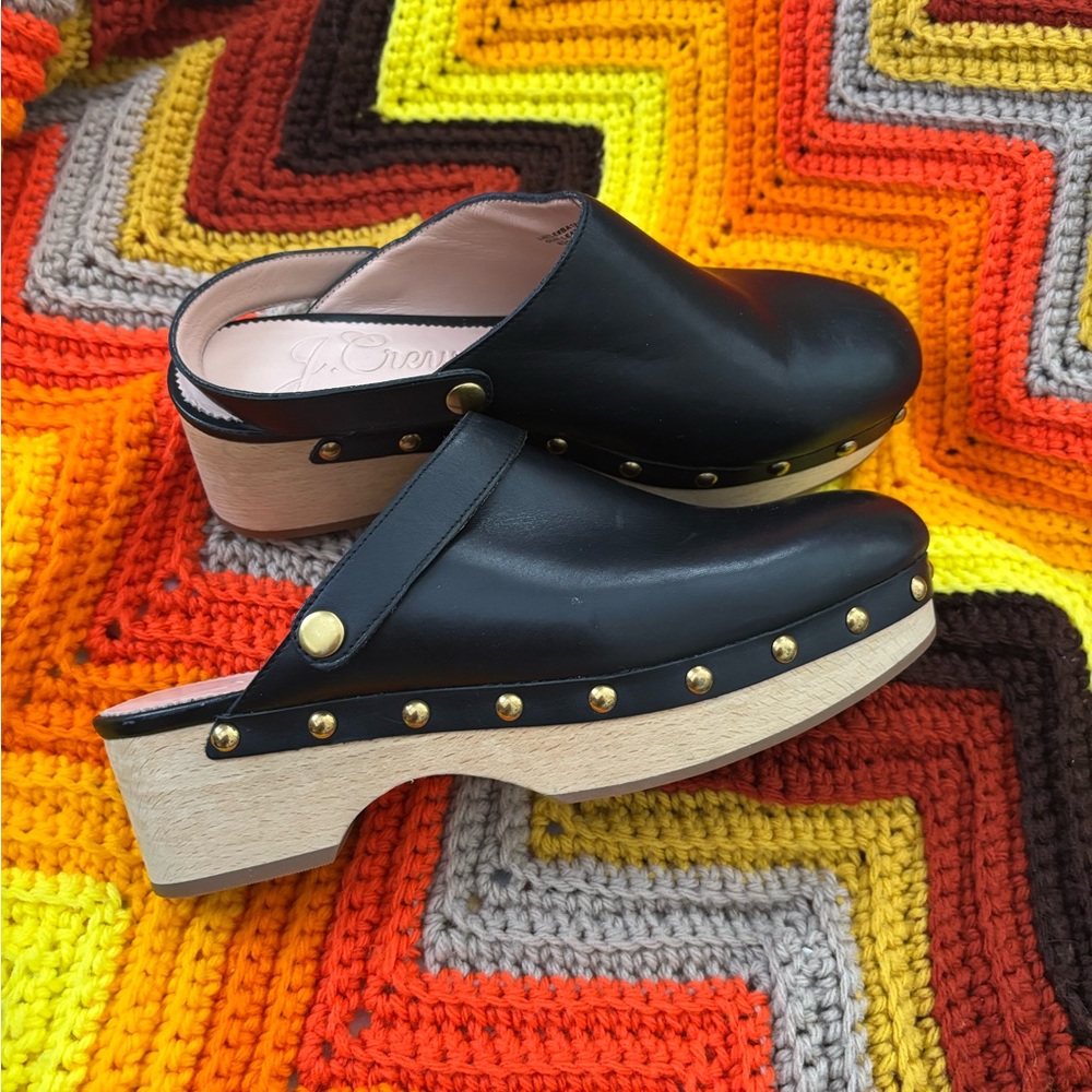 J. Crew Black Leather Mules with Gold Studs